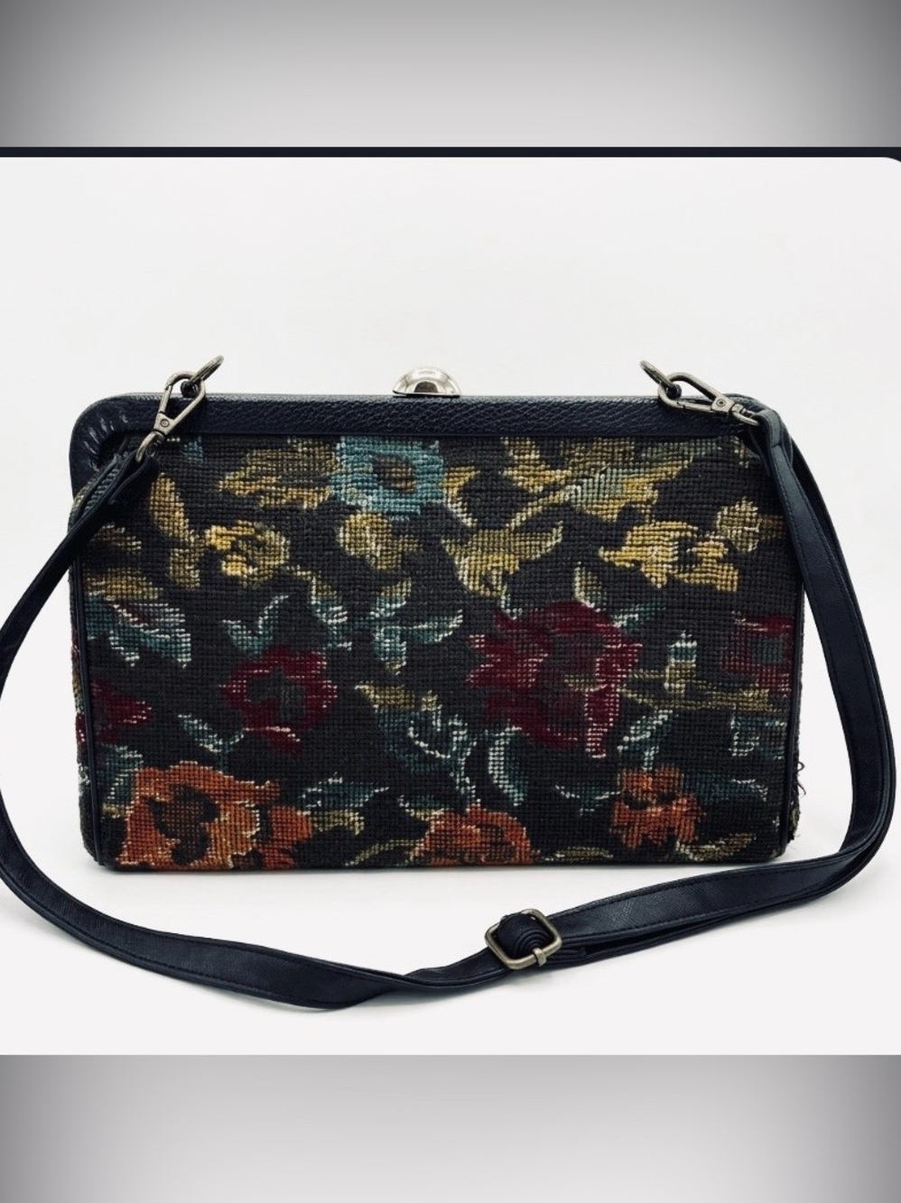 Kadin Vintage Black Floral Tapestry Retro Handbag MCM